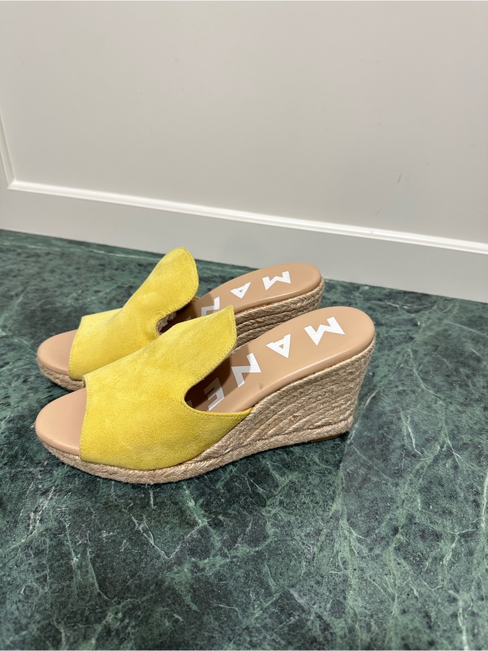 Manebi Shoes. Manebi Yellow Suede Espadrille Wedge Slide. Manebi Hampton Sabot.